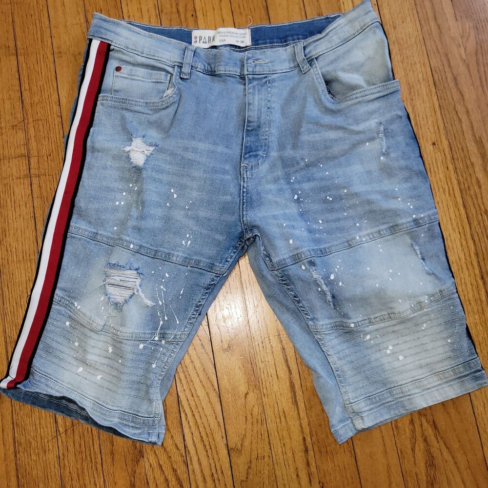 SPARK MEN Shorts Sz 38 Paint Splash INK  Biker Distressed Jean Shorts Blue
